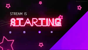 霓虹粉紅色「STREAM IS STARTING」文字，帶有社交圖標和星星，背景為紫色。