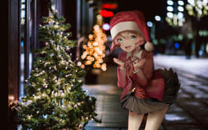 戴聖誕帽的動漫女孩，夜晚雪街上站在發光聖誕樹旁。