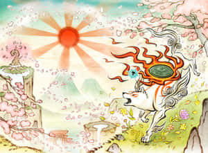 神話中的狐狸，擁有火焰般的鬃毛，在發光的太陽下跳過櫻花。