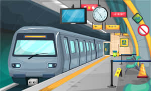 灰色地鐵列車在一個現代化的地下車站，車站有黃色月台邊緣和數碼顯示屏。