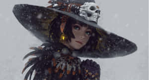 雪中戴骷髏帽和羽毛斗篷的年輕女巫 — 女巫 GIF 壁紙