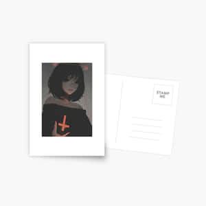黑髮動漫女孩在微弱光環下拿著發光橙色十字架的明信片。