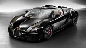 黑色Bugatti Veyron Grand Sport，帶有金色飾邊和紅色制動器，在工作室中。