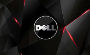 Dell 標誌在黑色幾何背景上，帶有紅色光條。