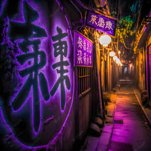 夜晚狹窄的小巷，被紫色霓虹燈招牌和發光的燈籠照亮。