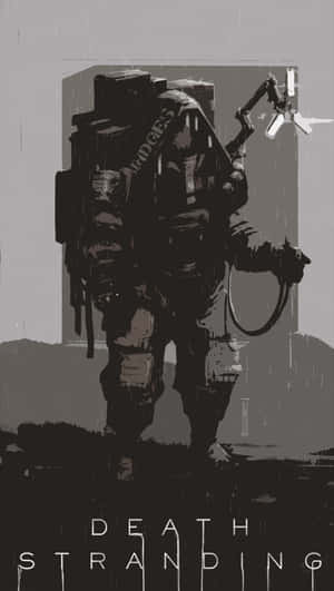 雨中士兵的黑暗剪影，手持發光工具，帶有「Death Stranding」文字。