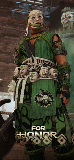 來自遊戲《For Honor》的戰士，身穿綠色盔甲，戴著骷髏面具，腰帶上掛著骷髏。