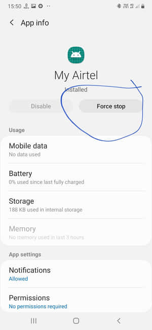 Android 手機應用程式資訊畫面，My Airtel 的「強制停止」選項以圓圈標示。 — Infinix Smart 10 壁紙