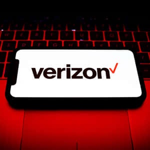 智能手機在紅色照亮的筆記本電腦鍵盤上顯示Verizon標誌。