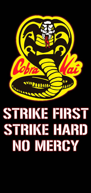 Cobra Kai 標誌，帶有粗體紅色和白色文字的 strike first strike hard no mercy 口號。