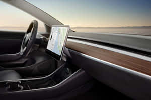 Tesla 車廂內部，觸控屏幕顯示地圖，沙漠日落 — Tesla GIF 壁紙