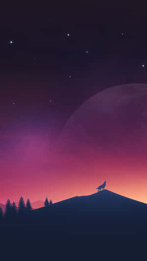 暮色中站在山頂的狼，伴隨星星和月亮