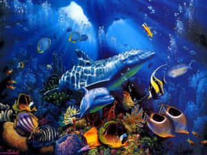 海豚在陽光普照的海水中穿梭於色彩繽紛的魚類和珊瑚之間。