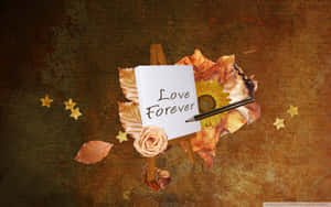 一張寫著「Love Forever」的便條，放在一個帶有秋葉和向日葵的畫架上。