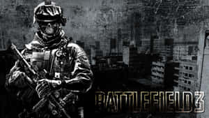 戴著骷髏面具的士兵在戰火摧殘的城市景觀中手持步槍，並帶有 Battlefield 3 標題。