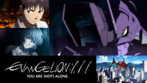 Evangelion 拼貼畫，角色與機甲在城市景觀中。