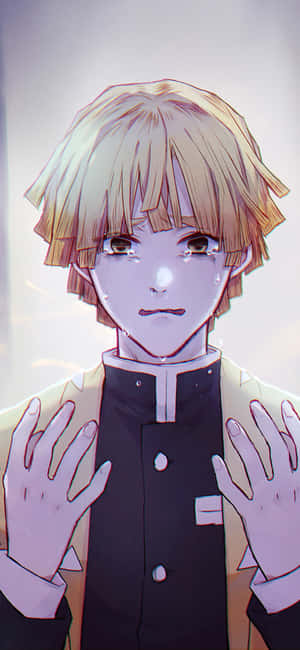 金髮流淚的動漫男孩穿著黑色制服舉起雙手。
