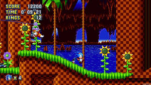 Sonic the Hedgehog 喺一個有向日葵同水嘅像素化叢林遊戲關卡中奔跑。