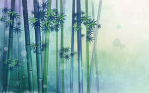 在霧氣森林中，高大的竹莖和綠葉伴隨著柔和的散景光。