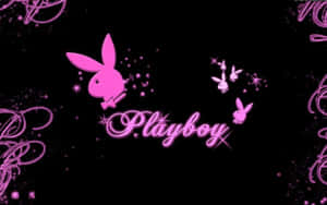 黑色背景上帶有閃光和漩渦的粉紅色Playboy標誌