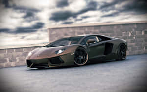 啞光綠色林寶堅尼 Aventador 停泊在石牆旁邊，天空多雲。 — 林寶堅尼 4K 壁紙