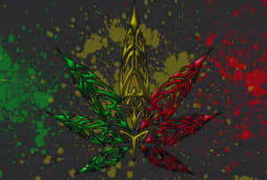風格化的大麻葉，帶有部落圖案和油漆飛濺在深色背景上。 — 食草 壁紙