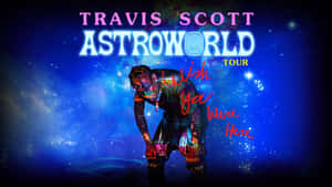 Travis Scott 在宇宙主題的演唱會海報中，帶有發光文字。