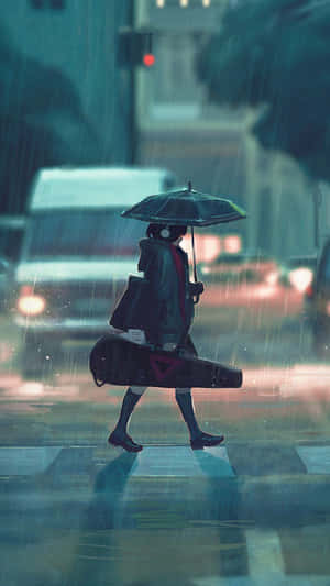 戴着耳機的人撐着雨傘和背着結他盒橫過雨中的街道。