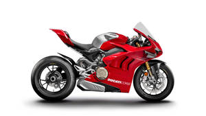 紅色 Ducati Corse 運動電單車，帶有銀色飾邊和黑色輪胎，置於白色背景上。