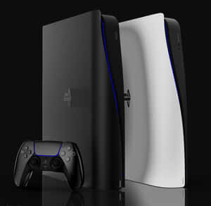 黑色和白色 PlayStation 5 主機，帶控制器，置於反光表面。