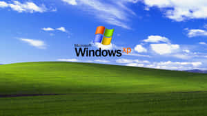Windows XP標誌在綠色山丘和藍天之上