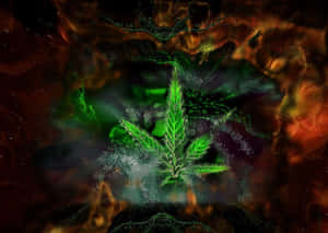 一株發光綠色大麻植物在火紅的宇宙星雲中。