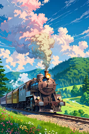 蒸汽火車穿過色彩繽紛的山谷，有野花和雲彩 — 復古gif 壁紙