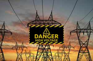 危險高電壓標誌配日落天空及輸電線塔