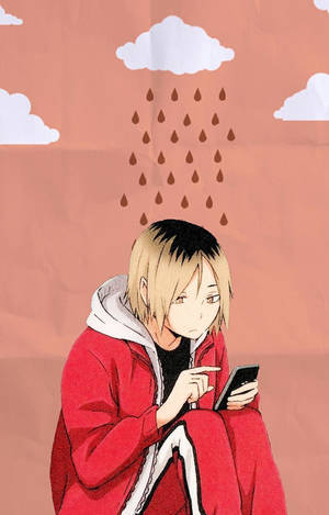 穿著紅色連帽衫的動漫男孩看著手機，雨水從上方的雲層中落下。