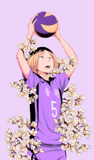 動漫女孩穿著紫色排球服，被木蘭花環繞，準備扣球。