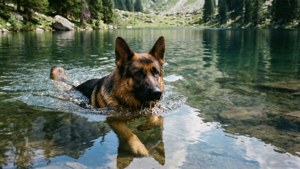 德國牧羊犬在山間湖泊中游泳，帶有森林倒影 — 德國牧羊犬 壁紙