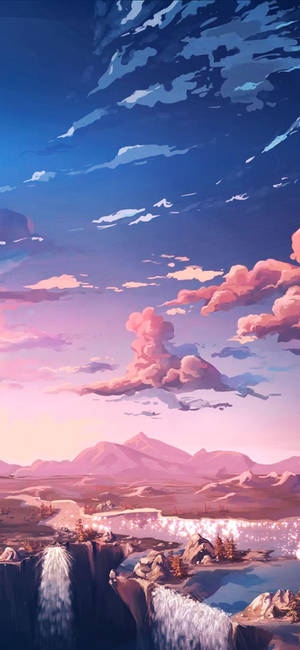 動漫風景，有山脈、瀑布和黃昏時的粉紅雲彩 — 靚靚動畫 壁紙
