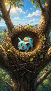 一隻藍色奇異種子喺陽光下嘅樹上鳥巢入面坐低。
