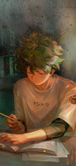 綠色頭髮的動漫男孩晚上在雨痕斑斑的窗戶旁學習。