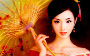 動漫女性手持帶有花卉圖案的精美金色雨傘。 — 日本 壁紙