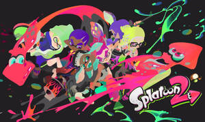 Splatoon 2 遊戲角色在色彩繽紛的墨水飛濺動作中。