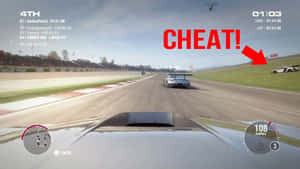 賽車遊戲畫面，帶有紅色「CHEAT!」文字指向賽道上的車輛。
