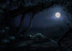 扭曲的樹木框住夜間霧氣瀰漫的森林空地上方一輪發光的月亮。 — 月色夜空 壁紙