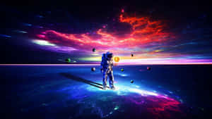 太空人在外星行星上，下方是多彩星雲天空