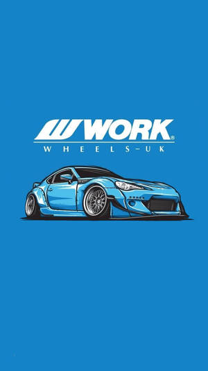 藍色定制跑車插圖，帶有 WORK WHEELS-UK 標誌，藍色背景。