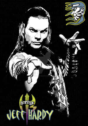 摔角手 Jeff Hardy 在風格化的黑白插圖中向前指。