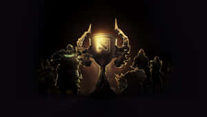 奇幻戰士在黑暗中高舉發光的Dota 2冠軍獎盃。