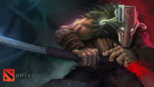 戴住面具嘅Dota 2戰士喺黑暗煙霧戰鬥場景中握緊發光嘅劍