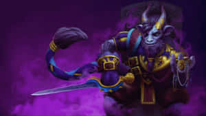 穿著紫色和金色盔甲的惡魔戰士在迷霧背景中持劍。